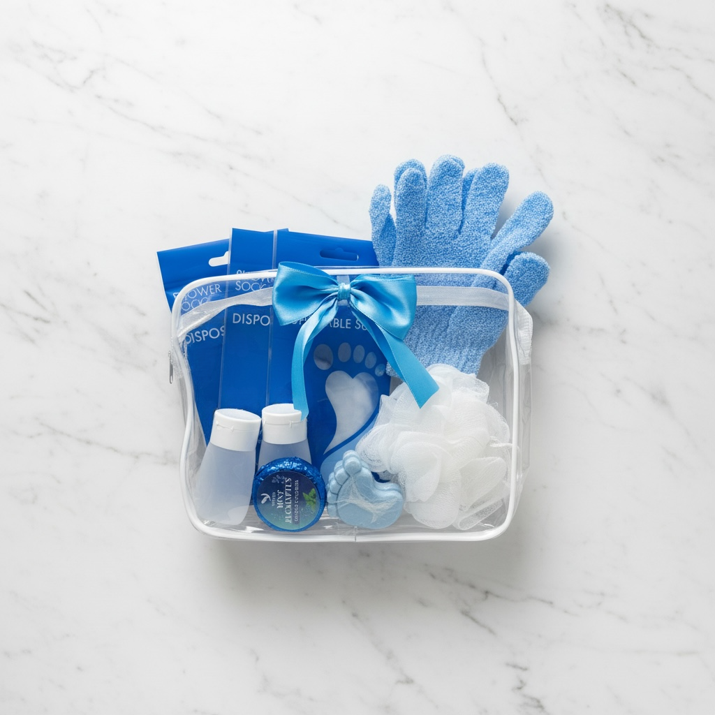 Clear travel toiletry bag with blue bow containing shower items