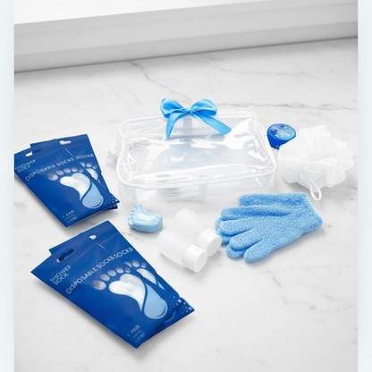 Flat lay of travel bag and shower items including shower socks