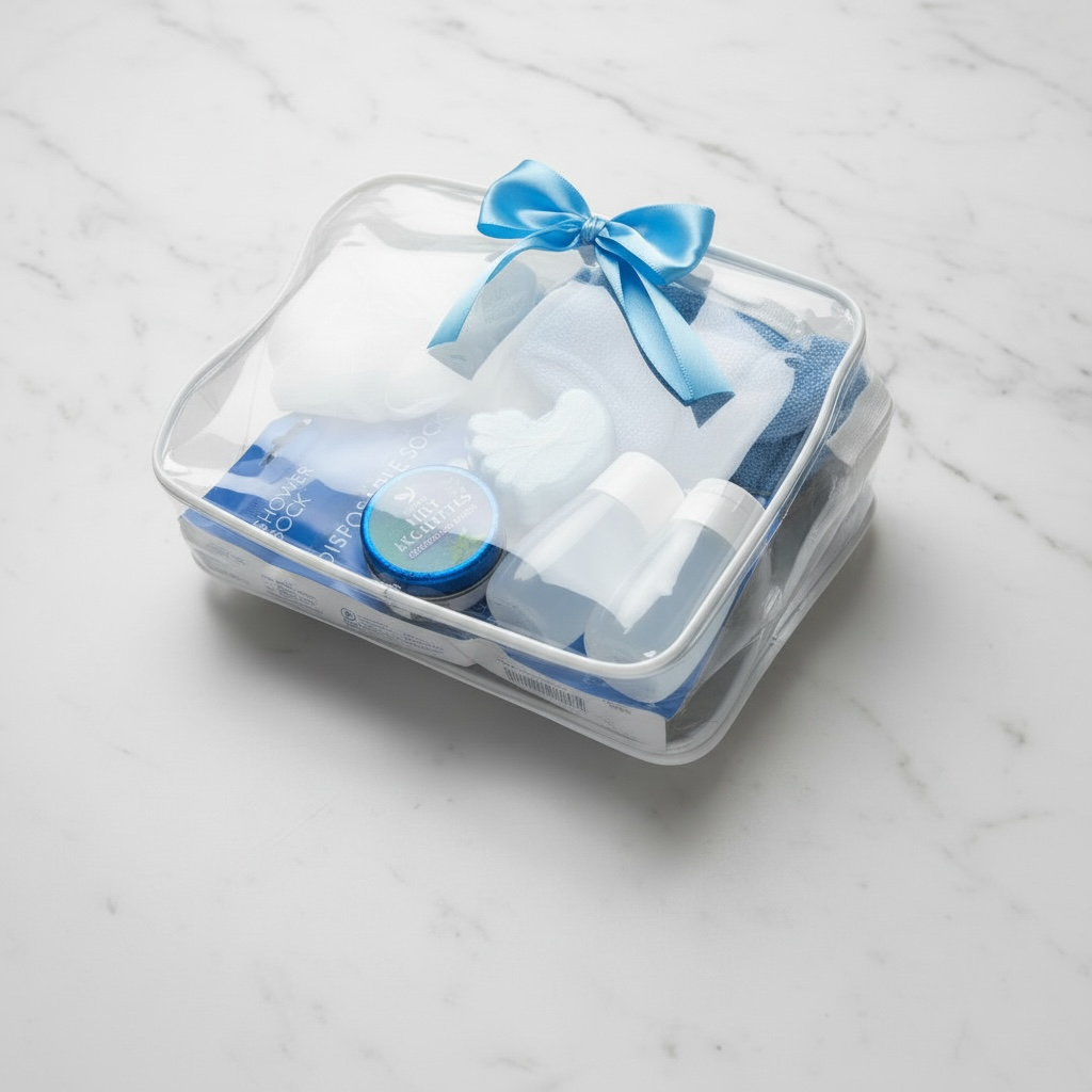 Set of shower products in a clear travel bag with blue bow