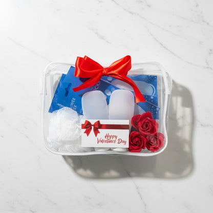 Shower sock Valentines Day gift set with disposable shower socks and red ribbon