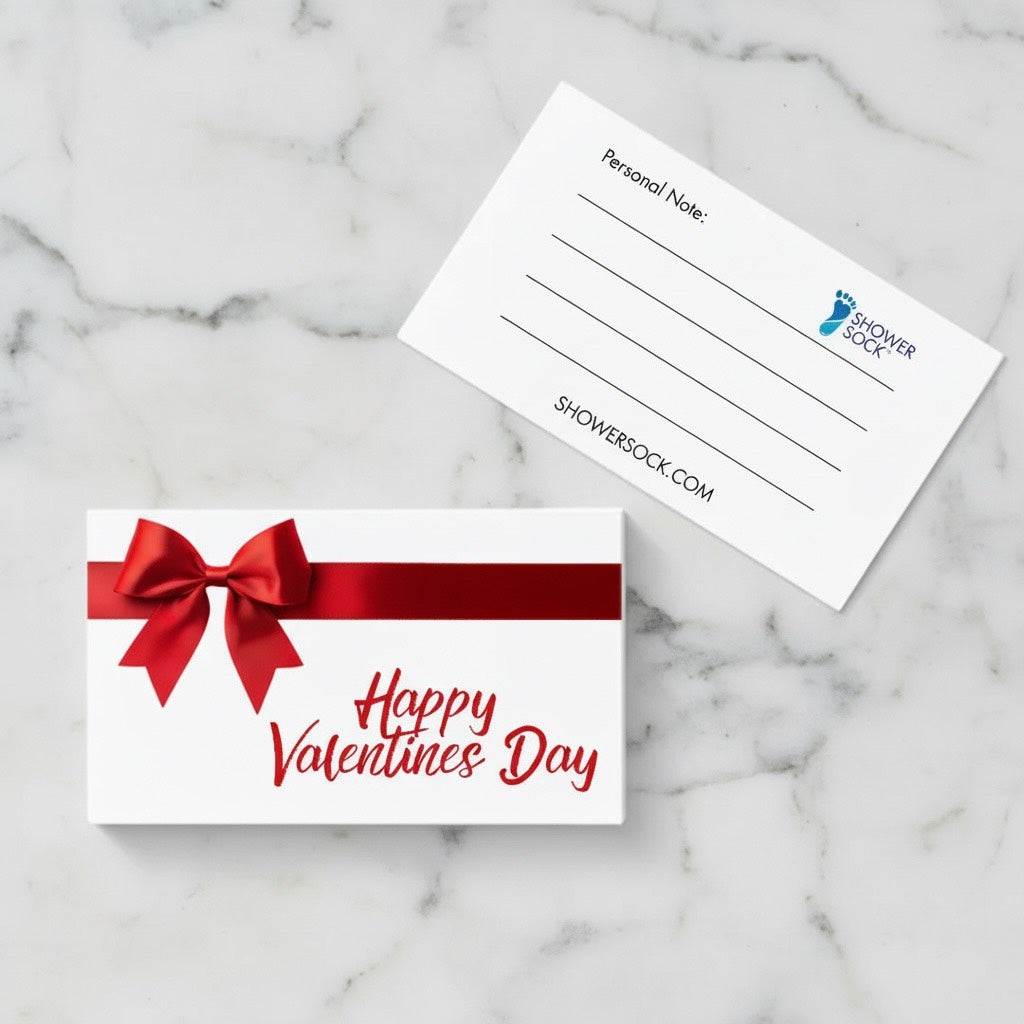 Shower Sock branded card with red ribbon and happy Valentines Day text